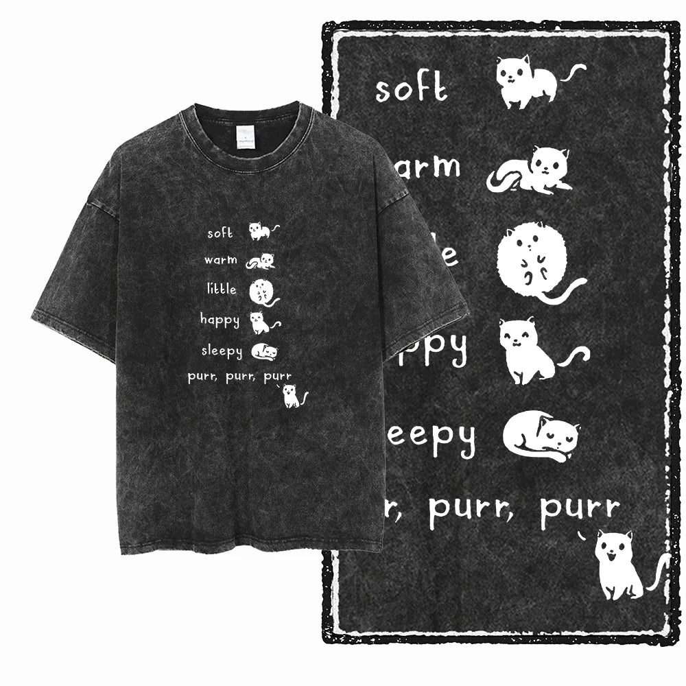 Soft Warm Little Happy Sleepy Purr Cat T-Shirt | Cute Cat Vibes Acid Wash Tee | Vintage Unisex