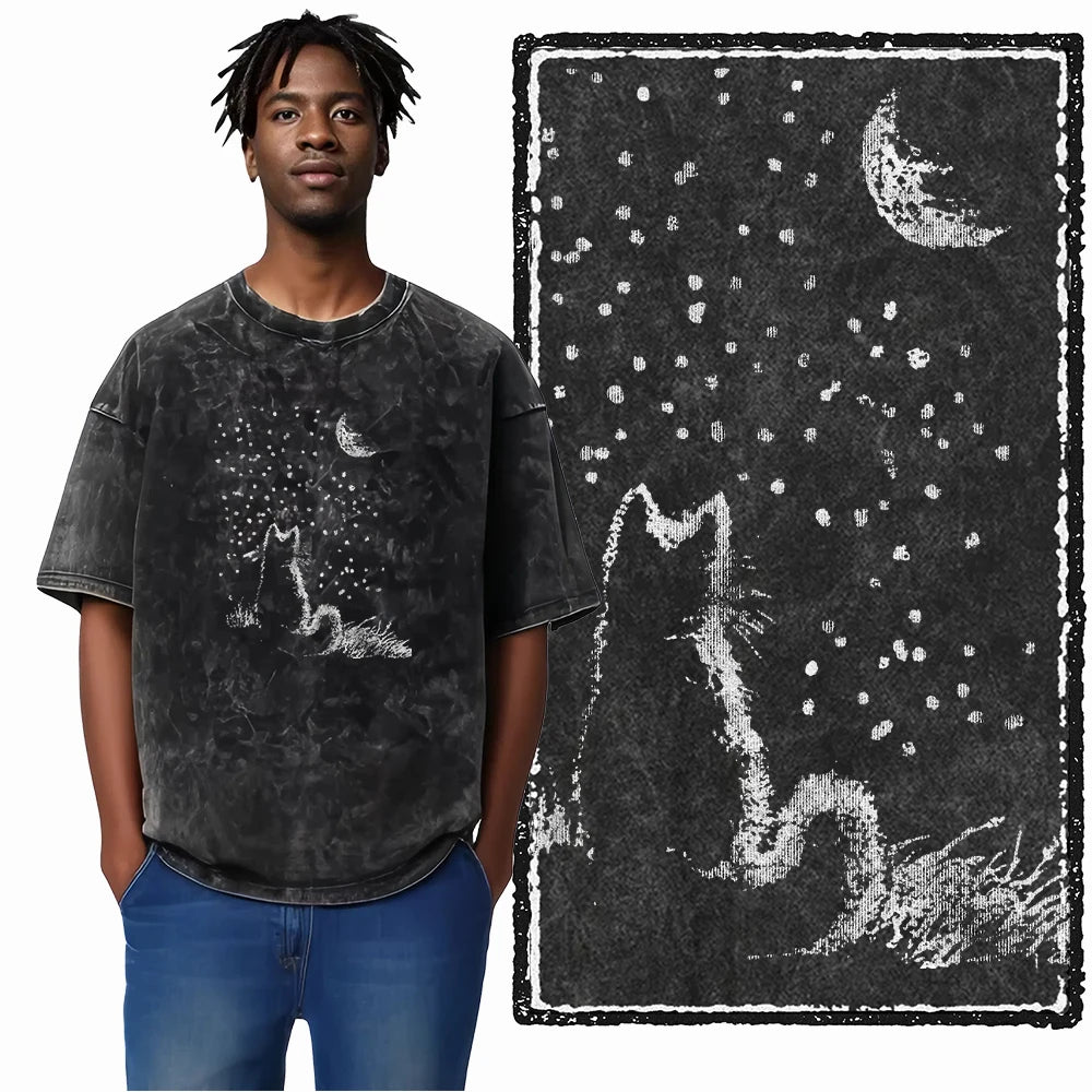 Stargazing Cat Acid Wash T-Shirt | Cat Under the Stars Night Sky Graphic Tee | Vintage Dreamy Unisex