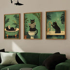 Funny Bathroom Black Cat Wall Art | Set of 3 Canvas Prints | Vintage Cat Toilet Poster