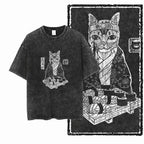 Sushi Cat Chef Acid Wash T-Shirt | Japanese Kimono Cat Sushi Master Graphic Tee | Vintage Streetwear Unisex
