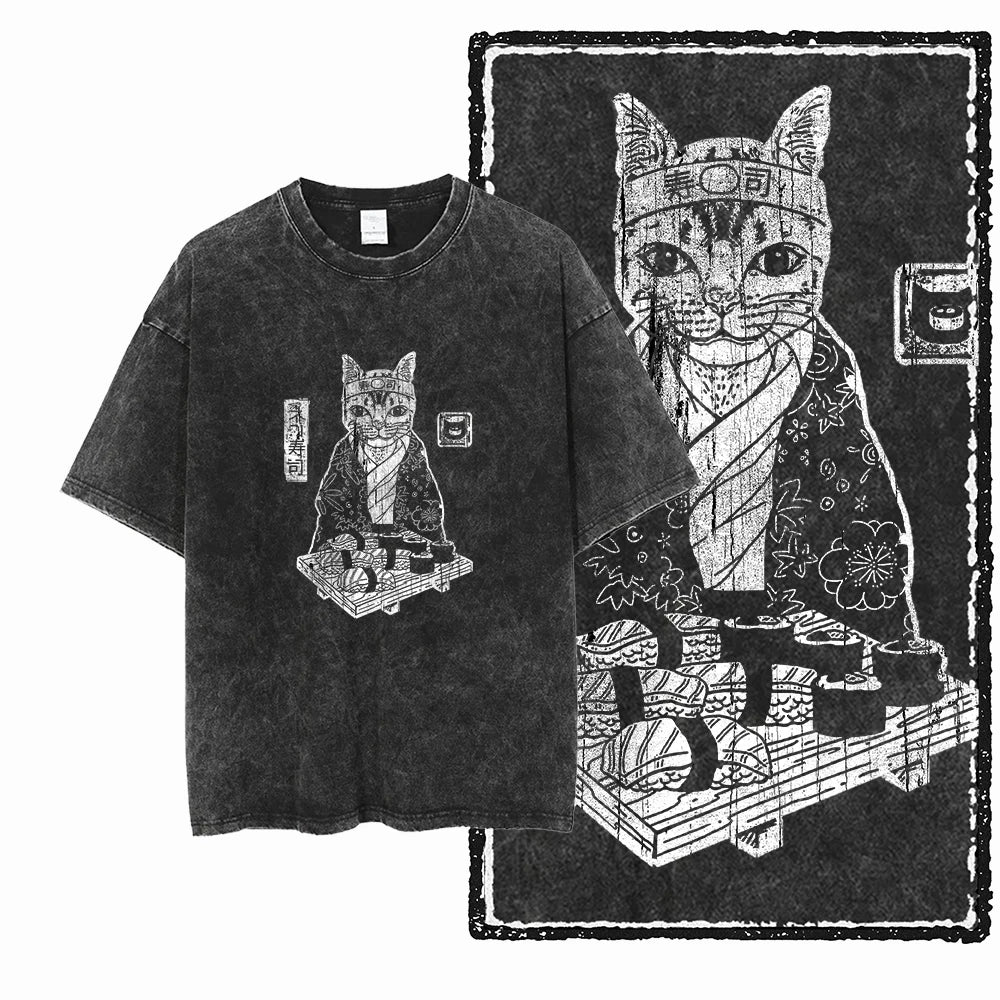 Sushi Cat Chef Acid Wash T-Shirt | Japanese Kimono Cat Sushi Master Graphic Tee | Vintage Streetwear Unisex