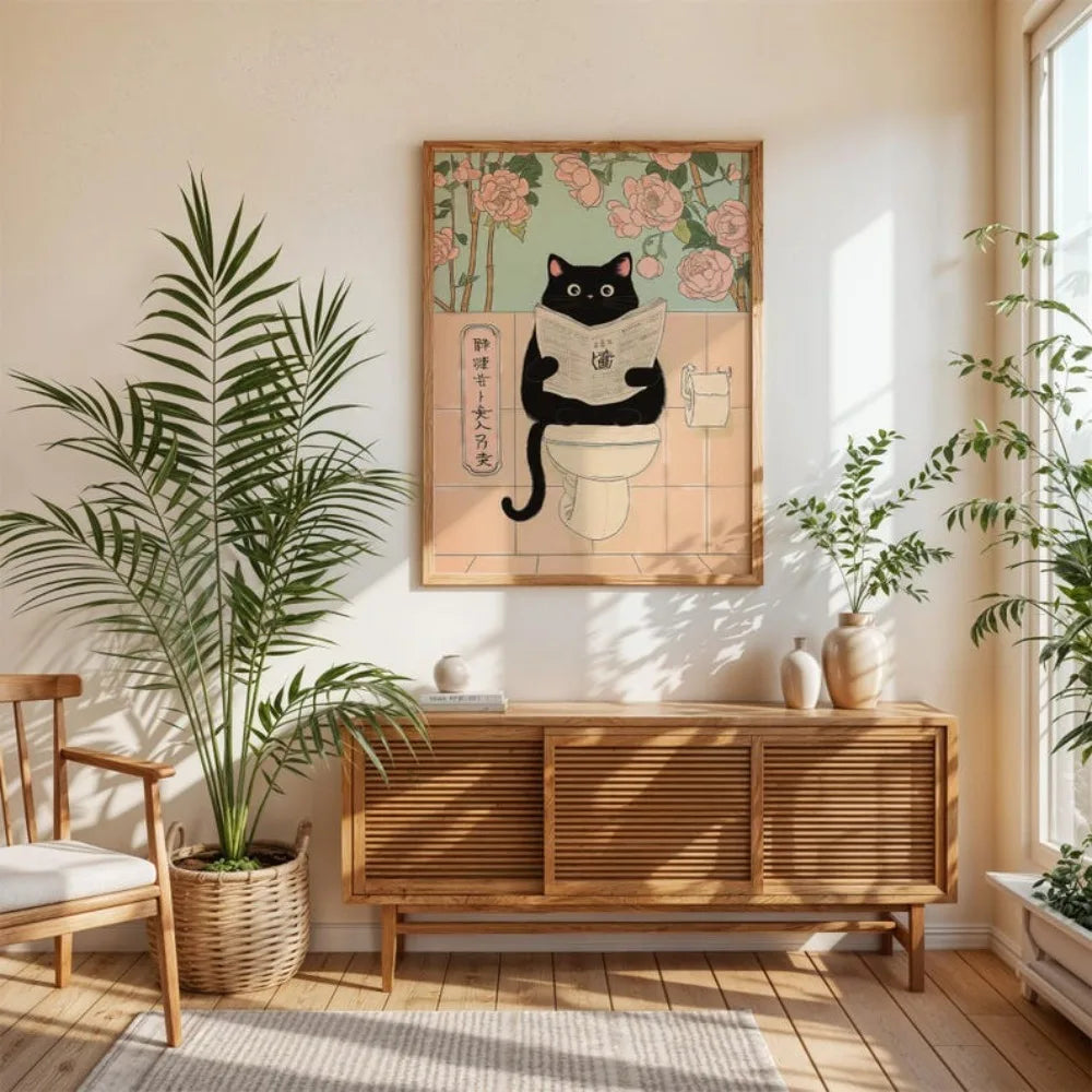 Japanese Style Black Cat Bathroom Wall Art | Set of 3 Funny Cat Toilet Prints