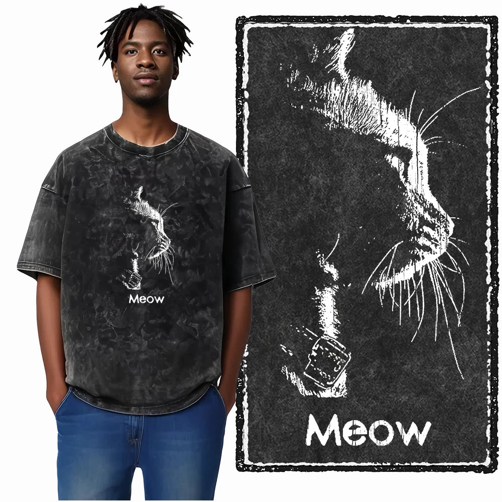 Meow Cat Lighter Acid Wash T-Shirt | Moody Sketch Cat Graphic Tee | Dark Vintage Streetwear Unisex