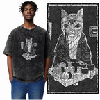 Sushi Cat Chef Acid Wash T-Shirt | Japanese Kimono Cat Sushi Master Graphic Tee | Vintage Streetwear Unisex