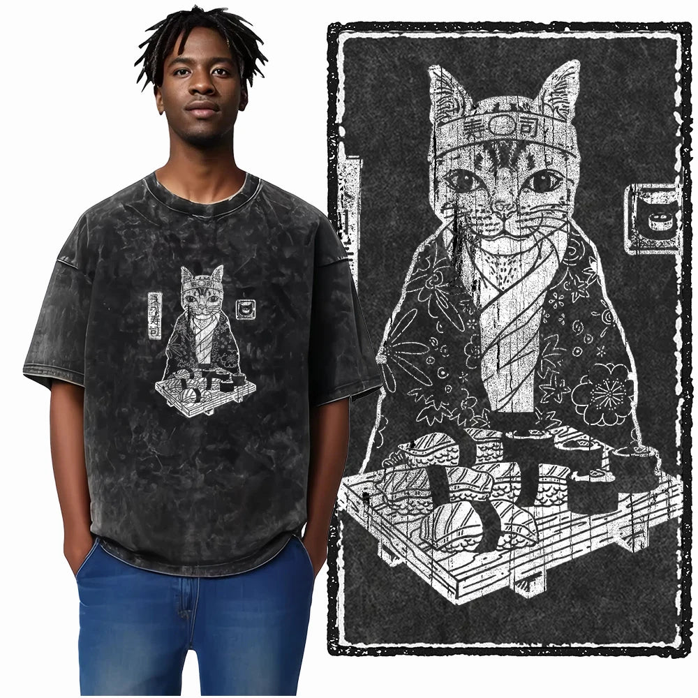 Sushi Cat Chef Acid Wash T-Shirt | Japanese Kimono Cat Sushi Master Graphic Tee | Vintage Streetwear Unisex