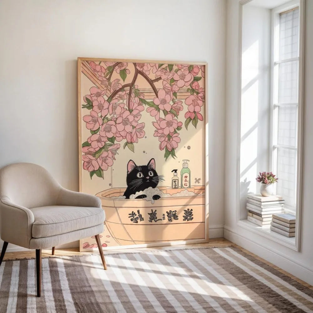Japanese Style Black Cat Bathroom Wall Art | Set of 3 Funny Cat Toilet Prints