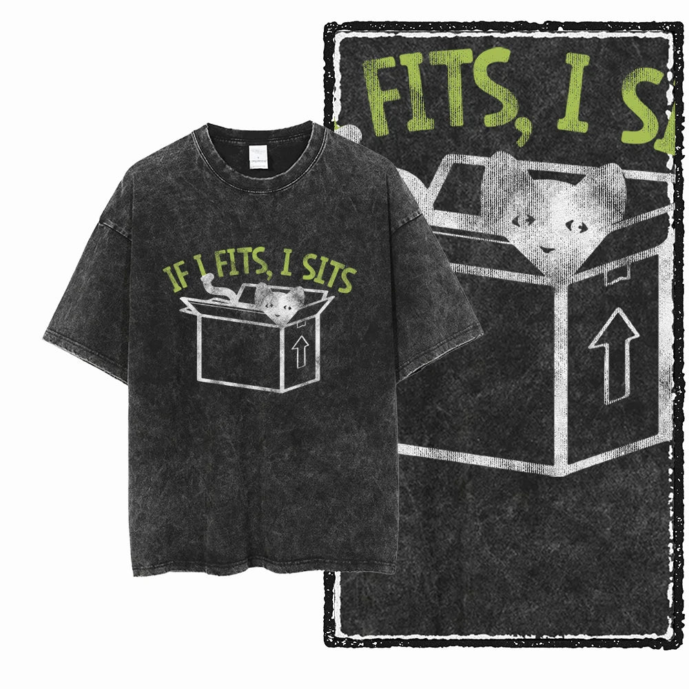 If I Fits I Sits Cat T-Shirt | Funny Cat in a Box Meme Acid Wash Tee | Vintage Unisex