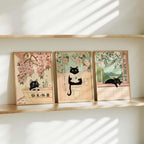 Japanese Style Black Cat Bathroom Wall Art | Set of 3 Funny Cat Toilet Prints