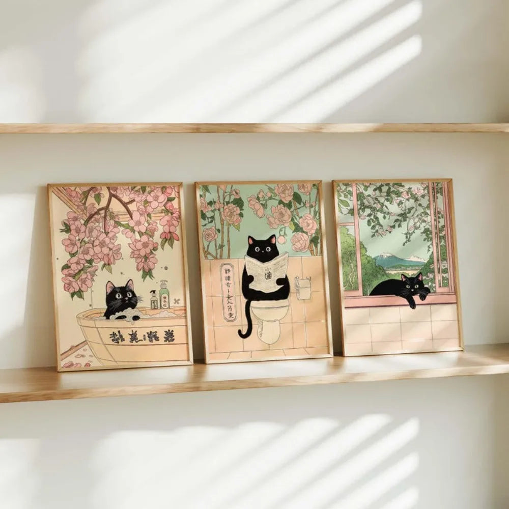 Japanese Style Black Cat Bathroom Wall Art | Set of 3 Funny Cat Toilet Prints