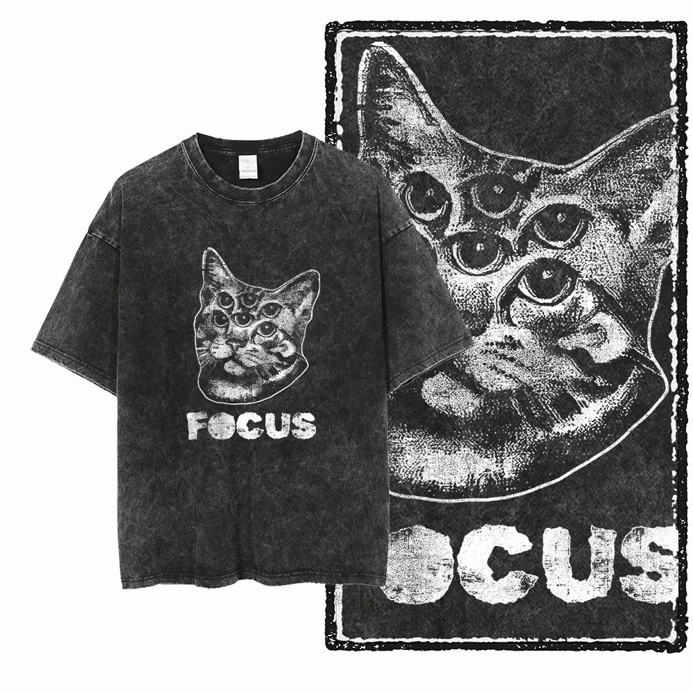 Focus Cat Acid Wash T-Shirt | Psychedelic Multi-Eye Cat Graphic Tee | Vintage Streetwear Unisex