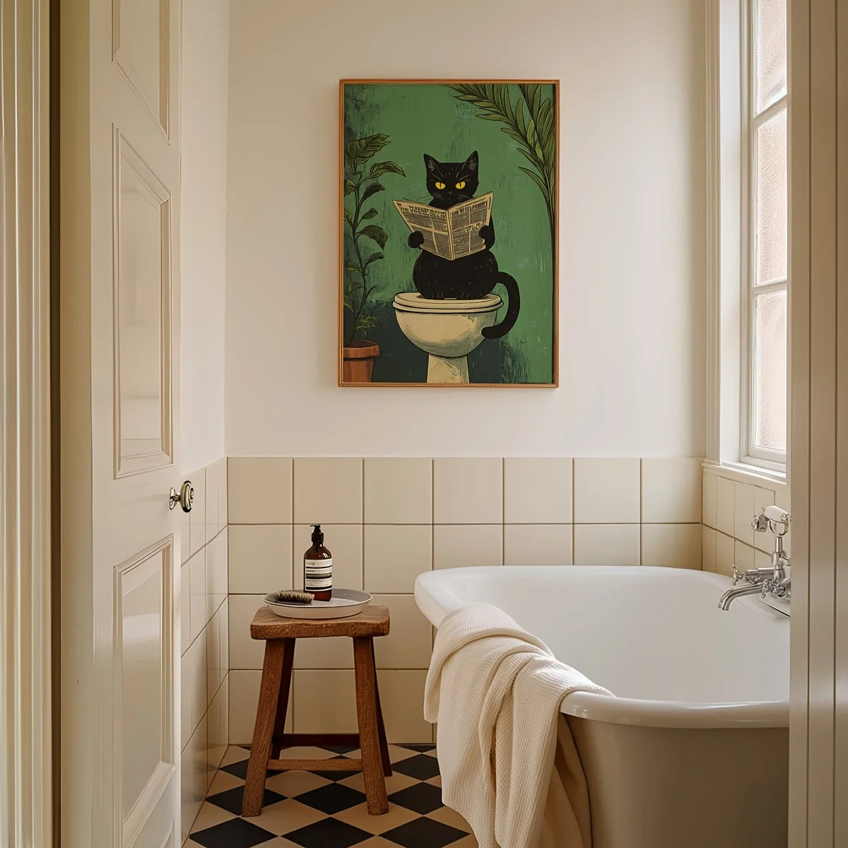 Funny Bathroom Black Cat Wall Art | Set of 3 Canvas Prints | Vintage Cat Toilet Poster