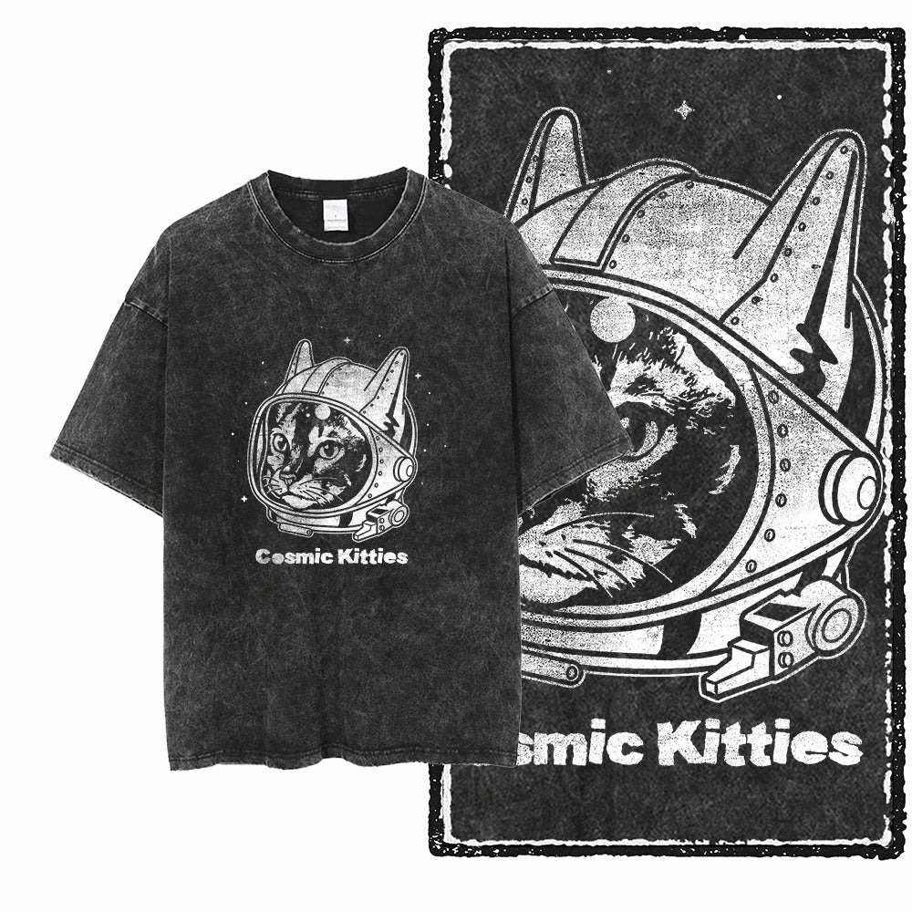 Cosmic Kitties Acid Wash T-Shirt | Astronaut Space Cat Graphic Tee | Vintage Streetwear Unisex