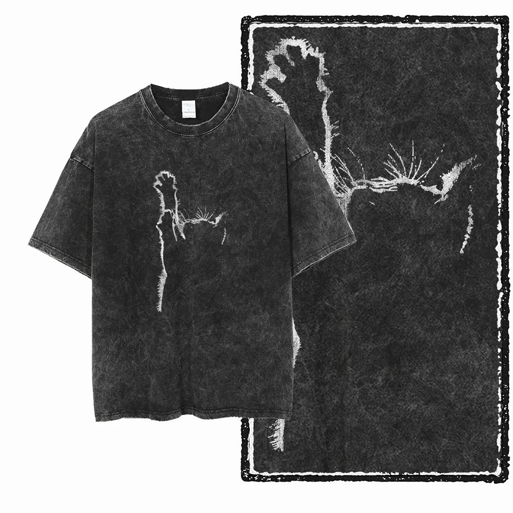 Cat Claw Acid Wash T-Shirt | Minimalist Ghost Cat Paw Reaching Graphic Tee | Dark Vintage Streetwear Unisex