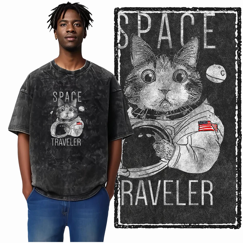 Space Traveler Cat Acid Wash T-Shirt | NASA Astronaut Cat Spacesuit Graphic Tee | Vintage Retro Unisex