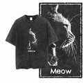 Meow Cat Lighter Acid Wash T-Shirt | Moody Sketch Cat Graphic Tee | Dark Vintage Streetwear Unisex