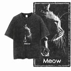 Meow Cat Lighter Acid Wash T-Shirt | Moody Sketch Cat Graphic Tee | Dark Vintage Streetwear Unisex