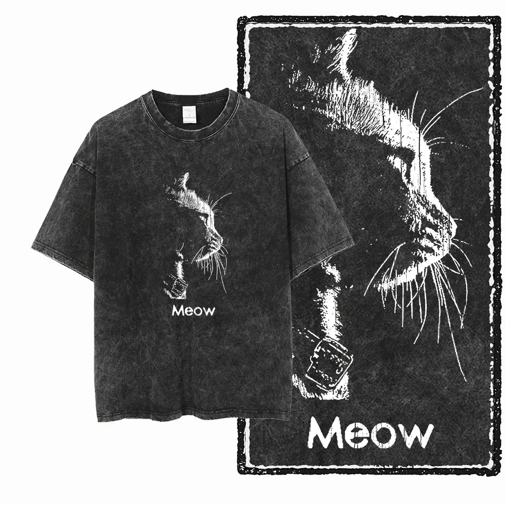 Meow Cat Lighter Acid Wash T-Shirt | Moody Sketch Cat Graphic Tee | Dark Vintage Streetwear Unisex