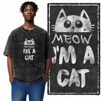 Meow I'm A Cat Acid Wash T-Shirt | Cute Cartoon Cat Face Funny Graphic Tee | Vintage Unisex