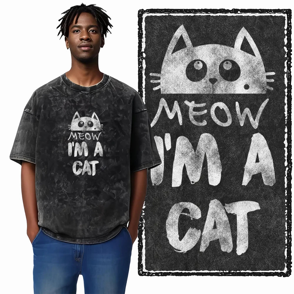 Meow I'm A Cat Acid Wash T-Shirt | Cute Cartoon Cat Face Funny Graphic Tee | Vintage Unisex