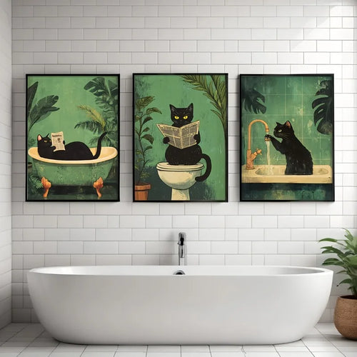 Funny Bathroom Black Cat Wall Art | Set of 3 Canvas Prints | Vintage Cat Toilet Poster