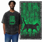 Matrix Cat Acid Wash T-Shirt | Black Cat in Green Code Rain Parody Graphic Tee | Vintage Hacker Unisex