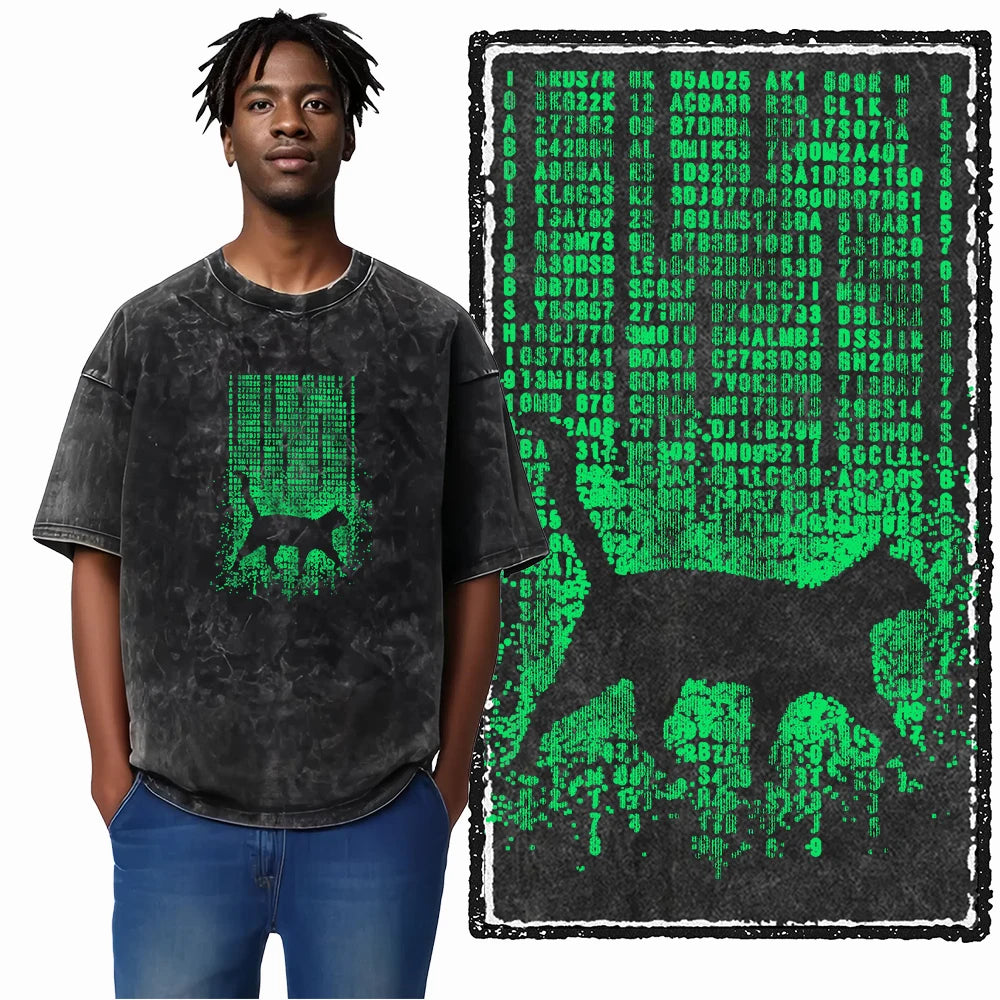 Matrix Cat Acid Wash T-Shirt | Black Cat in Green Code Rain Parody Graphic Tee | Vintage Hacker Unisex