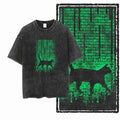 Matrix Cat Acid Wash T-Shirt | Black Cat in Green Code Rain Parody Graphic Tee | Vintage Hacker Unisex