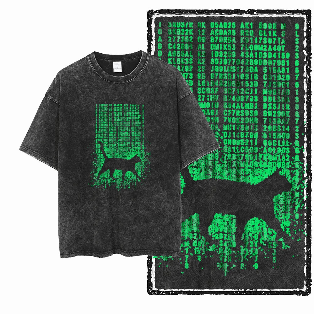 Matrix Cat Acid Wash T-Shirt | Black Cat in Green Code Rain Parody Graphic Tee | Vintage Hacker Unisex