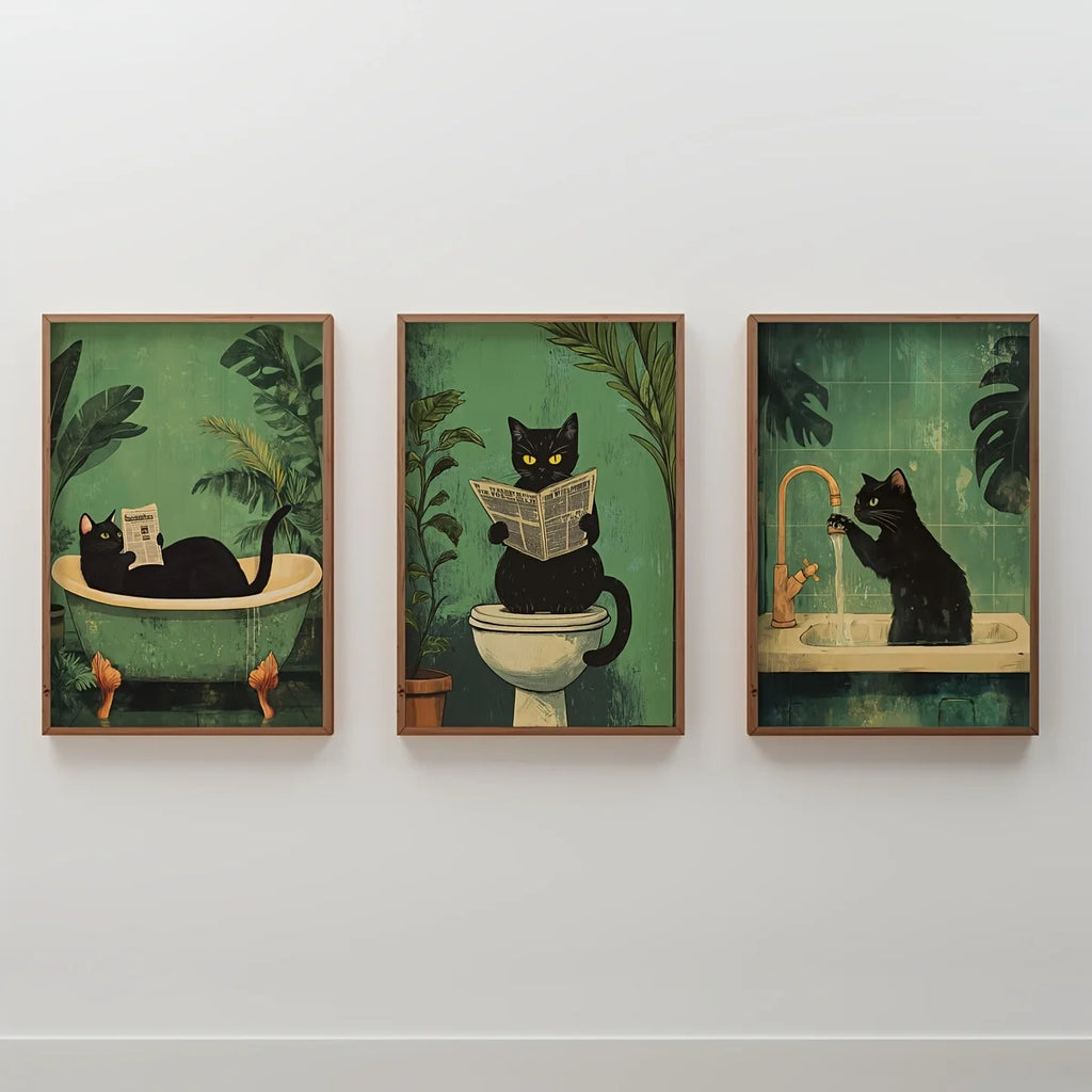 Funny Bathroom Black Cat Wall Art | Set of 3 Canvas Prints | Vintage Cat Toilet Poster