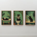 Funny Bathroom Black Cat Wall Art | Set of 3 Canvas Prints | Vintage Cat Toilet Poster
