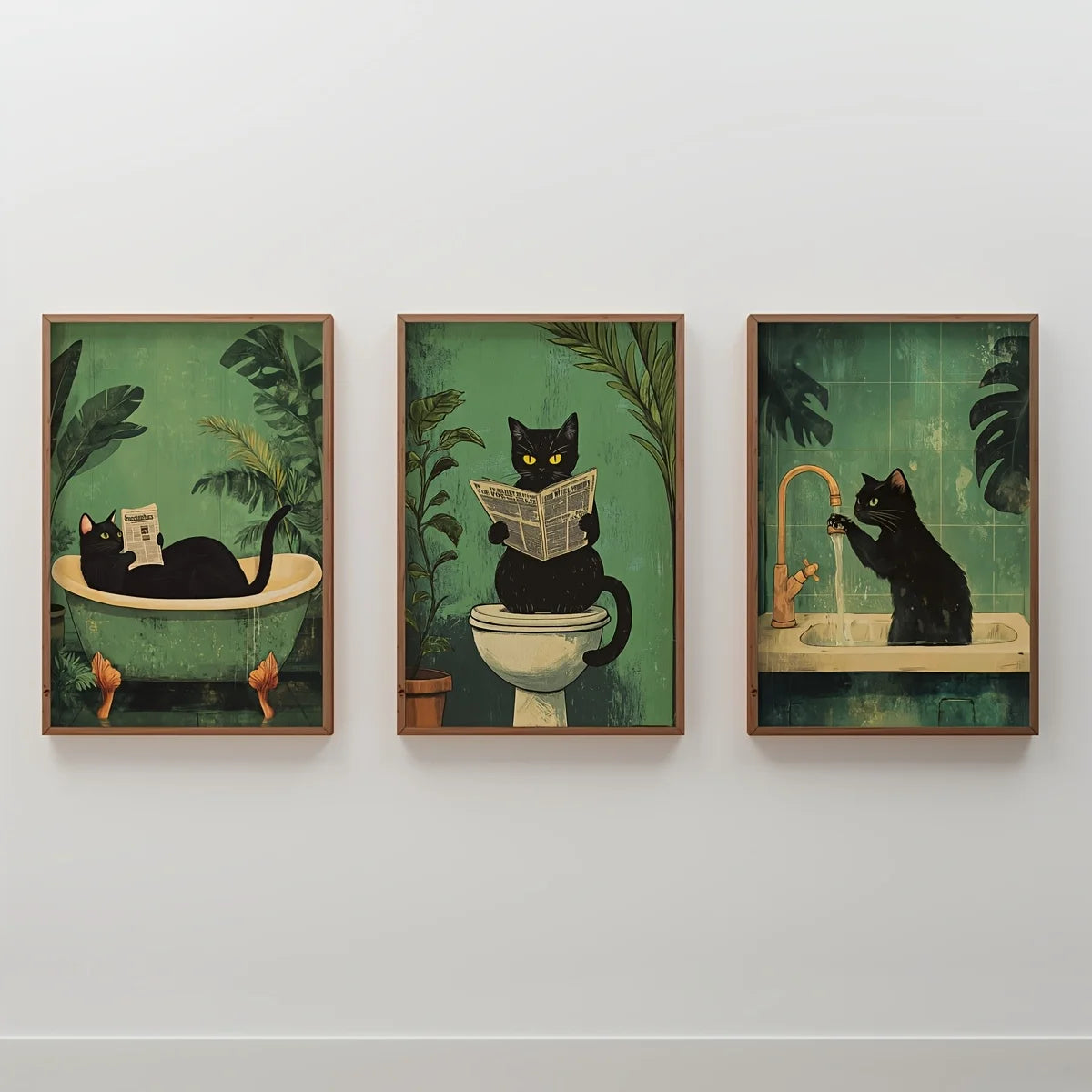 Funny Bathroom Black Cat Wall Art | Set of 3 Canvas Prints | Vintage Cat Toilet Poster