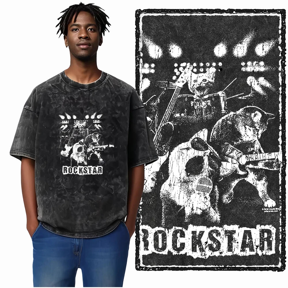 Rockstar Cat Acid Wash T-Shirt | Cat Band on Stage Guitar Drums Graphic Tee | Vintage Rock Unisex