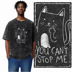 You Can't Stop Me Cat T-Shirt | Defiant Cat Double Middle Finger Acid Wash Tee | Vintage Unisex