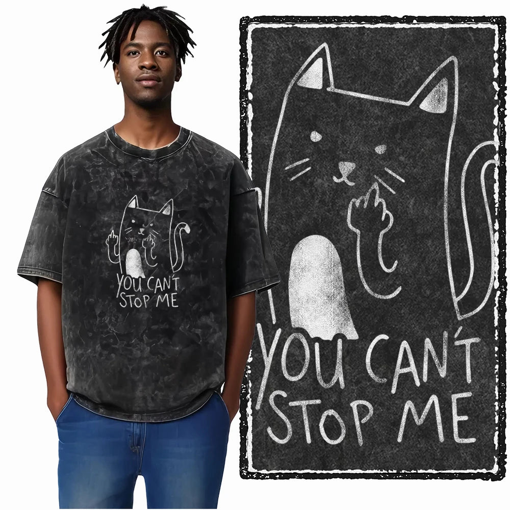 You Can't Stop Me Cat T-Shirt | Defiant Cat Double Middle Finger Acid Wash Tee | Vintage Unisex