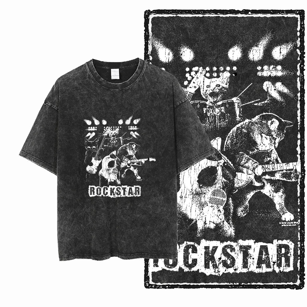Rockstar Cat Acid Wash T-Shirt | Cat Band on Stage Guitar Drums Graphic Tee | Vintage Rock Unisex