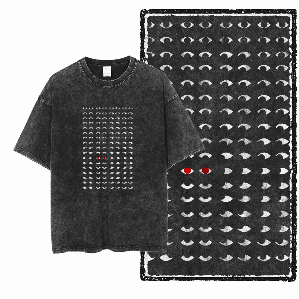Cat Eyes Acid Wash T-Shirt | Creepy Glowing Red Eye Cat Pattern Graphic Tee | Dark Streetwear Unisex