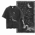 Stargazing Cat Acid Wash T-Shirt | Cat Under the Stars Night Sky Graphic Tee | Vintage Dreamy Unisex