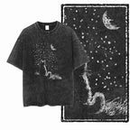 Stargazing Cat Acid Wash T-Shirt | Cat Under the Stars Night Sky Graphic Tee | Vintage Dreamy Unisex