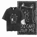 You Can't Stop Me Cat T-Shirt | Defiant Cat Double Middle Finger Acid Wash Tee | Vintage Unisex