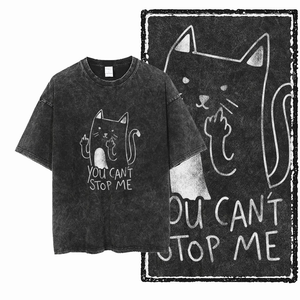 You Can't Stop Me Cat T-Shirt | Defiant Cat Double Middle Finger Acid Wash Tee | Vintage Unisex