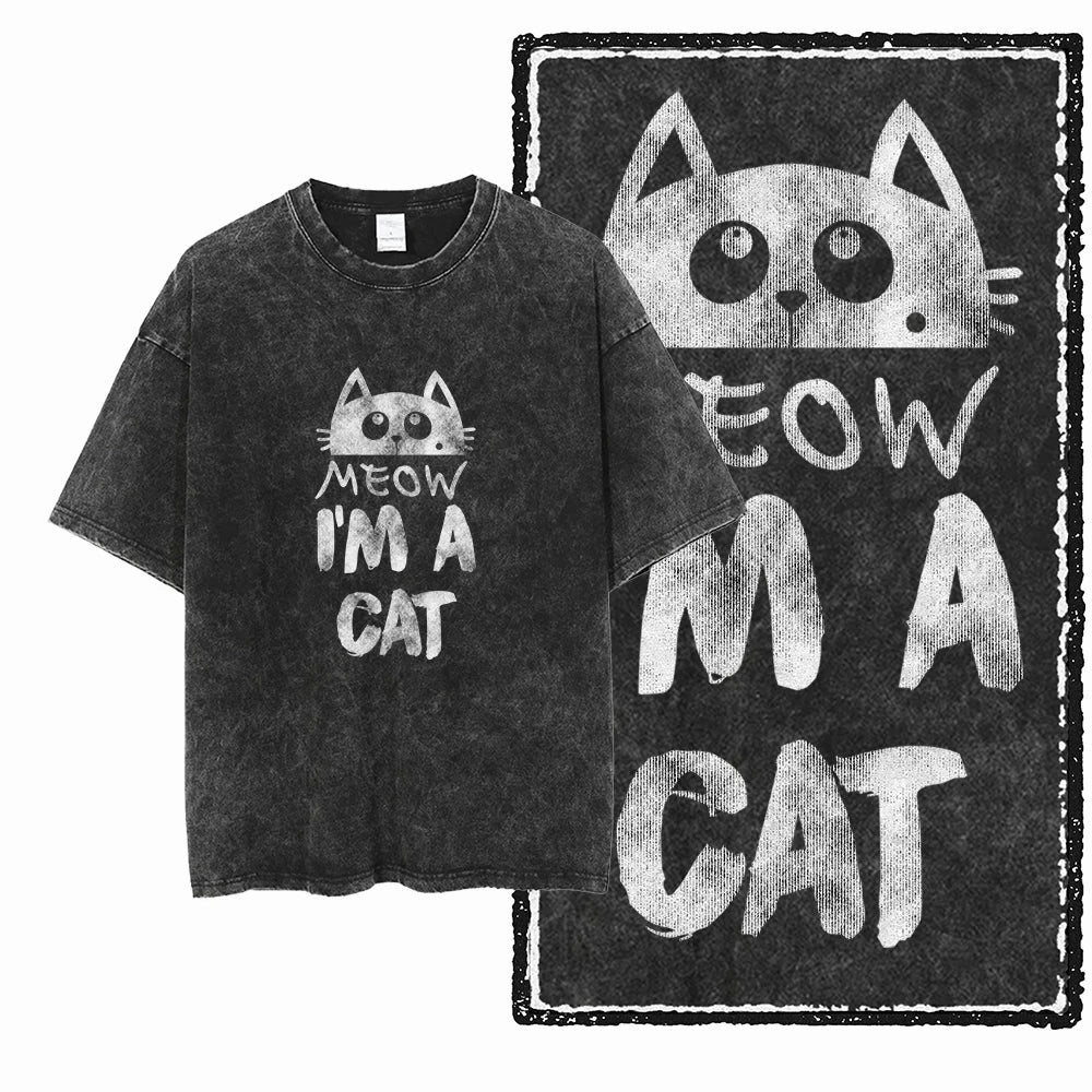 Meow I'm A Cat Acid Wash T-Shirt | Cute Cartoon Cat Face Funny Graphic Tee | Vintage Unisex