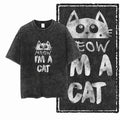 Meow I'm A Cat Acid Wash T-Shirt | Cute Cartoon Cat Face Funny Graphic Tee | Vintage Unisex