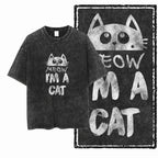 Meow I'm A Cat Acid Wash T-Shirt | Cute Cartoon Cat Face Funny Graphic Tee | Vintage Unisex