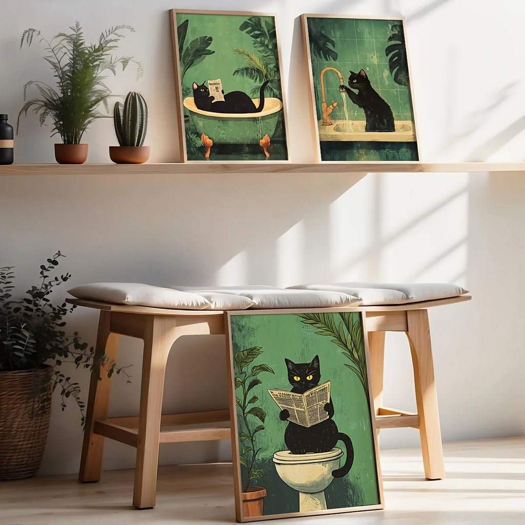 Funny Bathroom Black Cat Wall Art | Set of 3 Canvas Prints | Vintage Cat Toilet Poster