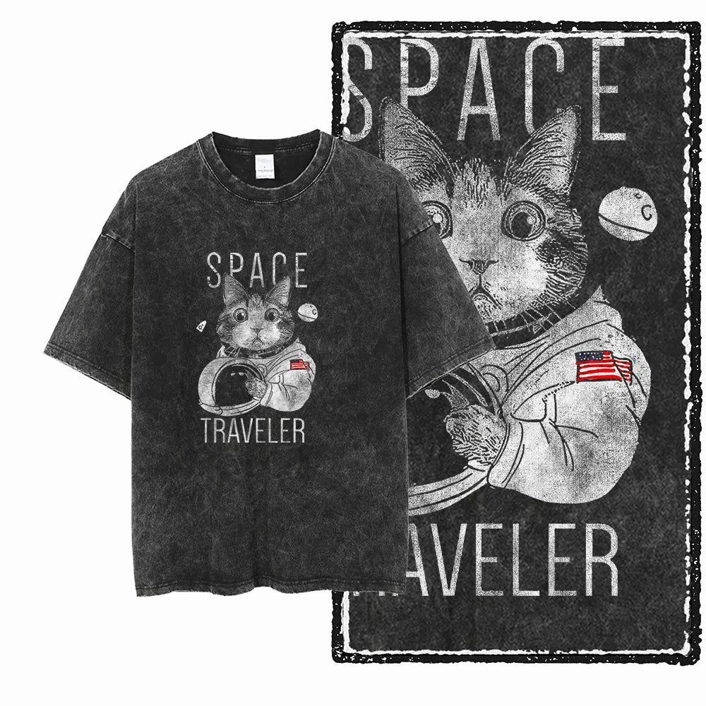 Space Traveler Cat Acid Wash T-Shirt | NASA Astronaut Cat Spacesuit Graphic Tee | Vintage Retro Unisex
