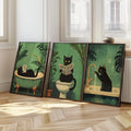 Funny Bathroom Black Cat Wall Art | Set of 3 Canvas Prints | Vintage Cat Toilet Poster