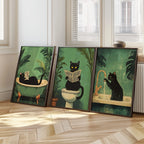 Funny Bathroom Black Cat Wall Art | Set of 3 Canvas Prints | Vintage Cat Toilet Poster