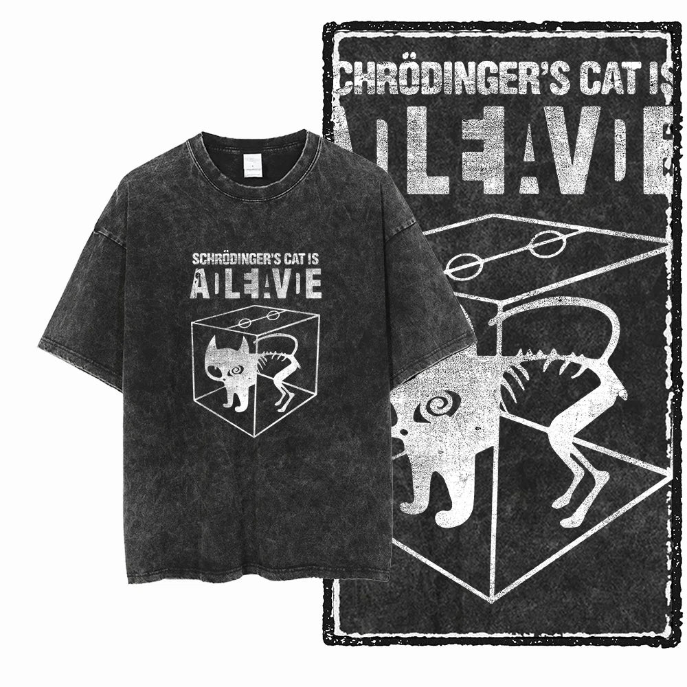 Schrödinger's Cat Acid Wash T-Shirt | Alive & Dead Physics Meme Graphic Tee | Vintage Streetwear Unisex