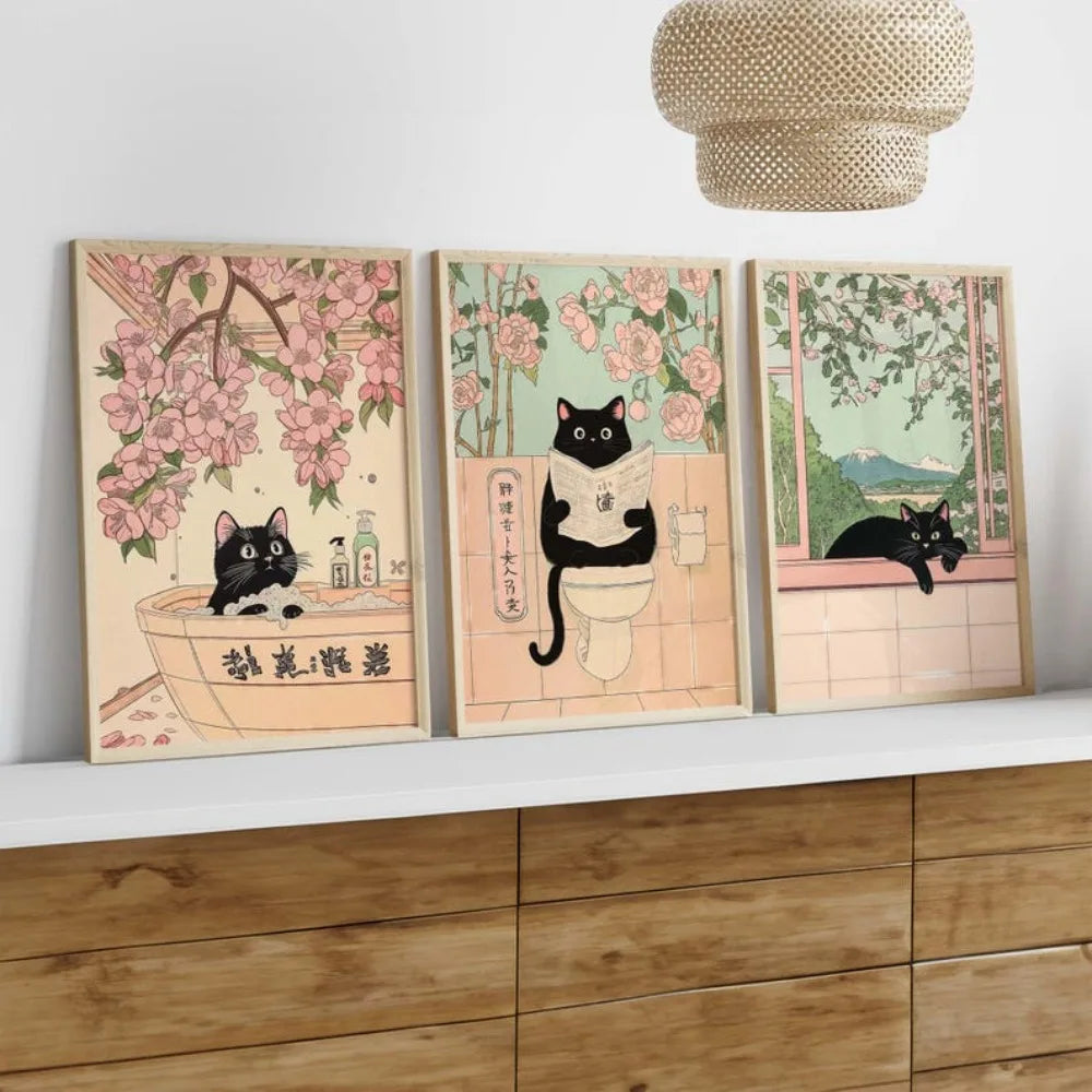 Japanese Style Black Cat Bathroom Wall Art | Set of 3 Funny Cat Toilet Prints