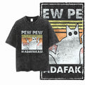Pew Pew Madafakas Cat T-Shirt | Funny Retro Gun Cat Meme Acid Wash Tee | Vintage Unisex